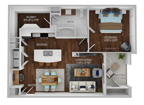 Floor plan for 1 bed, 1 bath, 789 sqft