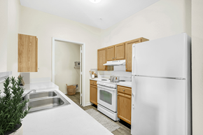 Austin apartment for rent - a kitchen with white appliances and wooden cabinets
