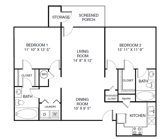 Floor plan for 2 beds, 2 baths, 1181 sqft