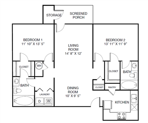 Floor plan for 2 beds, 2 baths, 1181 sqft