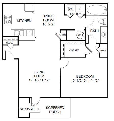 Floor plan for 1 bed, 1 bath, 806 sqft