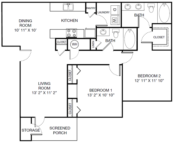 Floor plan for 2 beds, 2 baths, 1143 sqft