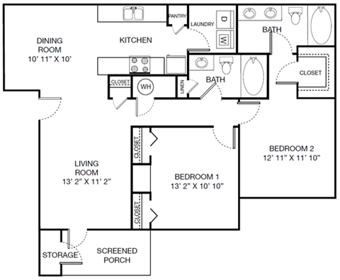 Floor plan for 2 beds, 2 baths, 1143 sqft