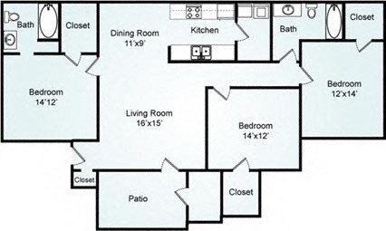 Floor plan for 3 beds, 2 baths, 1362 sqft