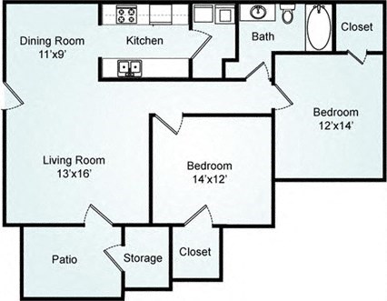 Floor plan for 2 beds, 1 bath, 1051 sqft