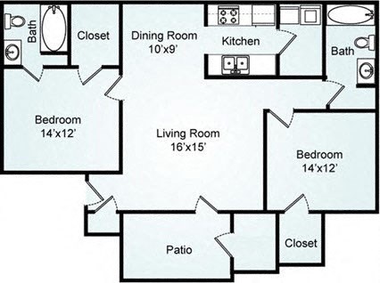 Floor plan for 2 beds, 2 baths, 1128 sqft