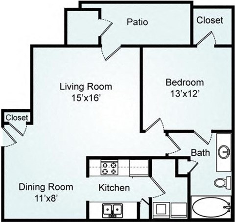 Floor plan for 1 bed, 1 bath, 815 sqft