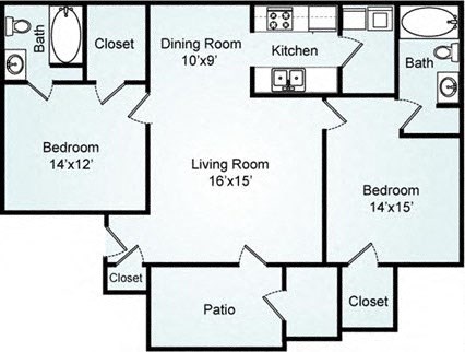 Floor plan for 2 beds, 2 baths, 1150 sqft