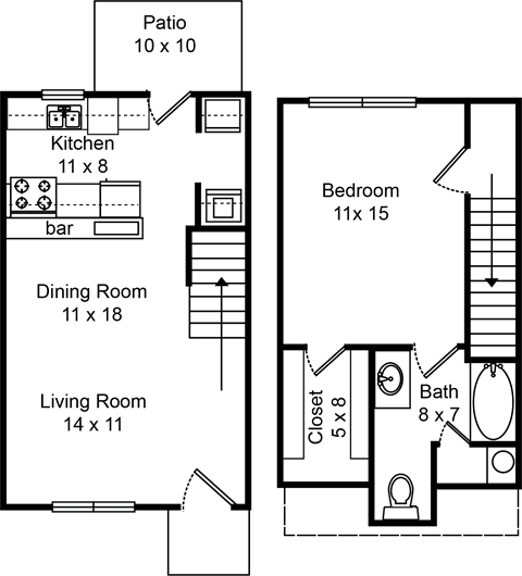 Floor plan for 1 bed, 1 bath, 810 sqft