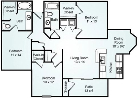 Floor plan for 3 beds, 2 baths, 1336 sqft