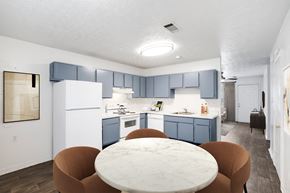 Jacksonville apartment for rent - a kitchen with white appliances and blue cabinets