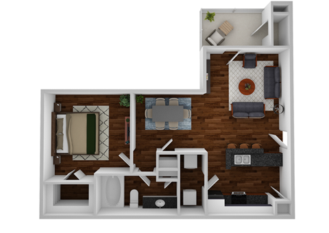 Floor plan for 1 bed, 1 bath, 767 sqft