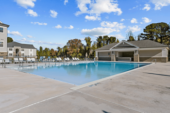 A large swimming pool in a sunny outdoor setting.