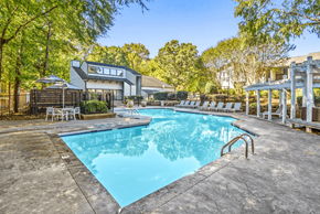 Charlotte apartment for rent - A swimming pool surrounded by trees and a house in the background at Madison Southpark Apartment Homes, Charlotte