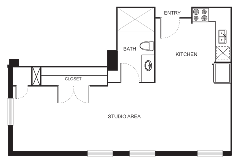 Floor plan for studio, 1 bath, 738 sqft