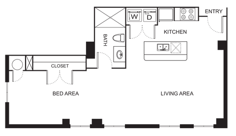 Floor plan for studio, 1 bath, 738 sqft