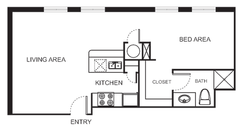 Floor plan for studio, 1 bath, 596 sqft