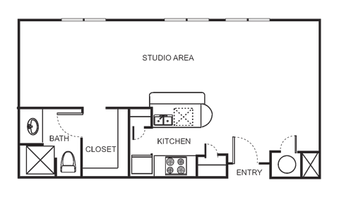 Floor plan for studio, 1 bath, 573 sqft
