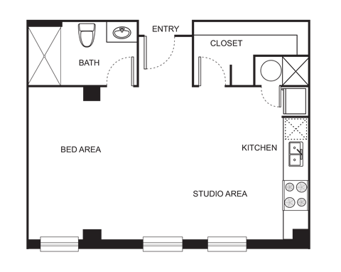 Floor plan for studio, 1 bath, 616 sqft