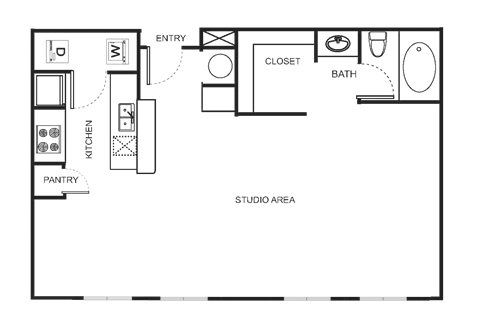 Floor plan for studio, 1 bath, 738 sqft