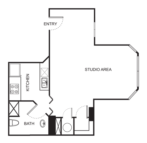 Floor plan for studio, 1 bath, 495 sqft