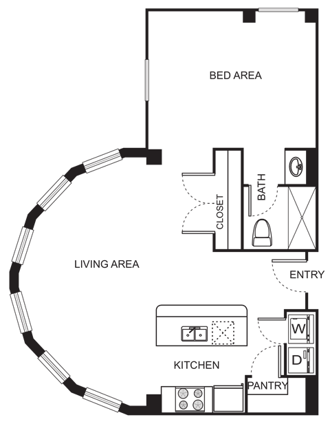 Floor plan for studio, 1 bath, 769 sqft