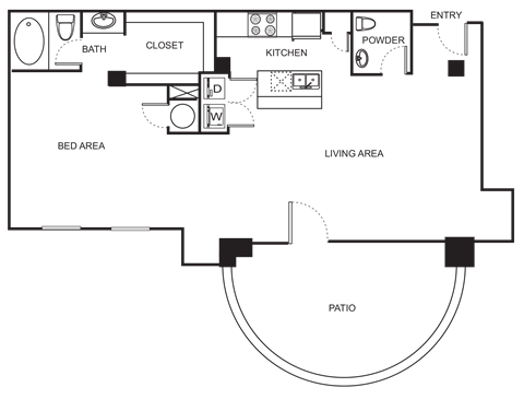 Floor plan for studio, 1.5 baths, 1023 sqft