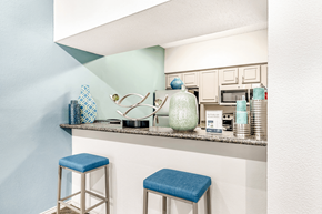 Plano apartment for rent - Clubhouse kitchen with granite countertops, barstools, stainless appliances, shaker cabinets and decor on bar top