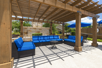 Outdoor lounge with fireplace