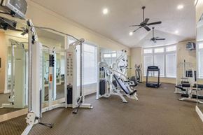 Dallas apartment for rent - Fitness Center with a treadmill, free weights, ceiling fans, and large spacious windows