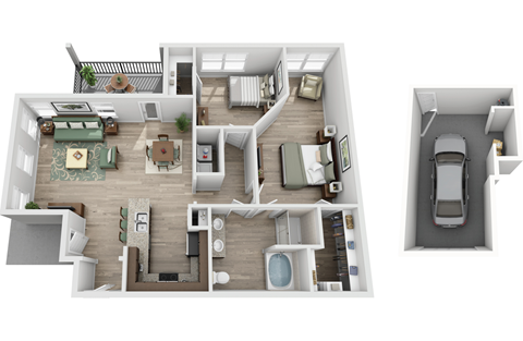 Floor plan for 2 beds, 1 bath, 1077 sqft