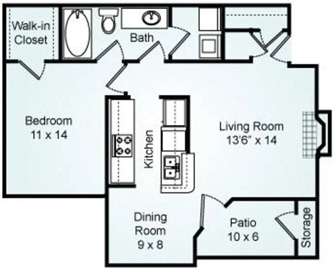Floor plan for 1 bed, 1 bath, 868 sqft