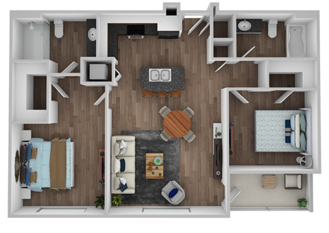 Floor plan for 2 beds, 2 baths, 952 sqft