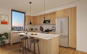 West Palm Beach apartment for rent - a rendering of a kitchen with a island and stools