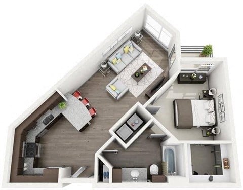 Floor plan for 1 bed, 1 bath, 733 sqft