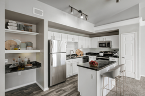 Plano apartment for rent - a kitchen with white cabinets and stainless steel appliances