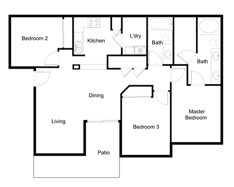 Floor plan for 3 beds, 2 baths, 1136 sqft