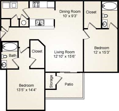 Floor plan for 2 beds, 2 baths, 1223 sqft