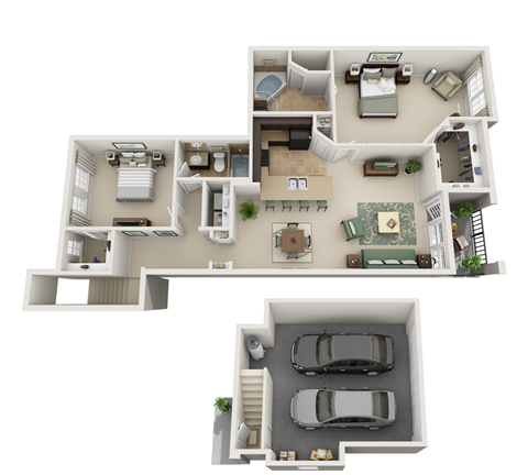 Floor plan for 2 beds, 2 baths, 1381 sqft