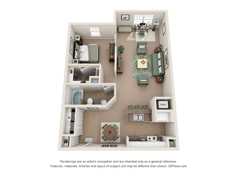 Floor plan for 1 bed, 1 bath, 910 sqft