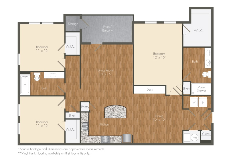 Floor plan for 3 beds, 2 baths, 1522 sqft