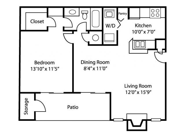 Floor plan for 1 bed, 1 bath, 832 sqft
