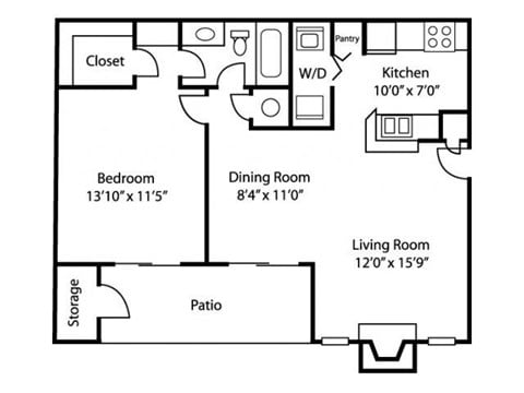 Floor plan for 1 bed, 1 bath, 832 sqft