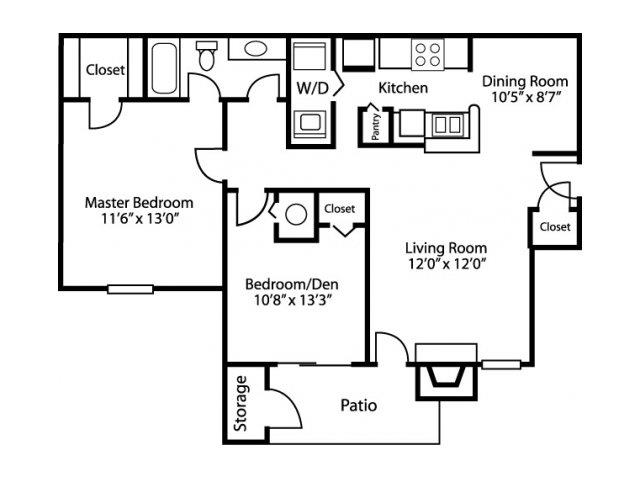 Floor plan for 2 beds, 1 bath, 949 sqft