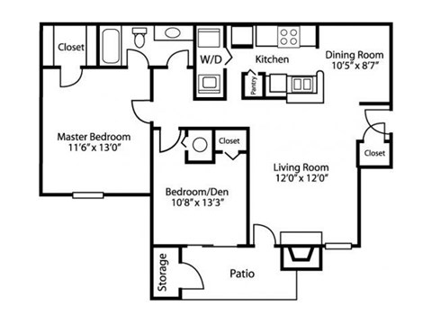 Floor plan for 2 beds, 1 bath, 949 sqft