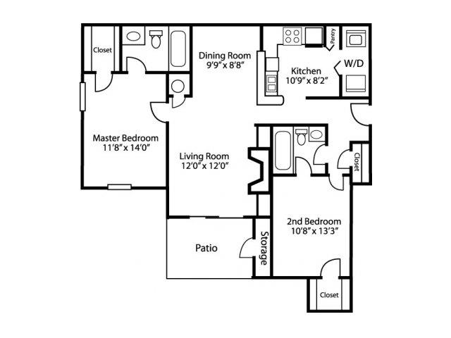 Floor plan for 2 beds, 2 baths, 1062 sqft