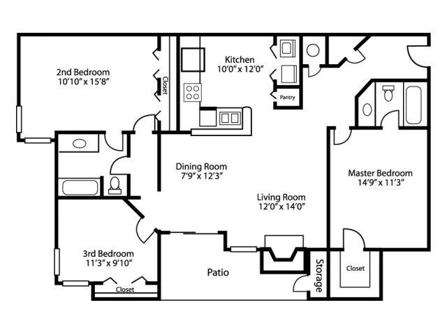 Floor plan for 3 beds, 2 baths, 1400 sqft