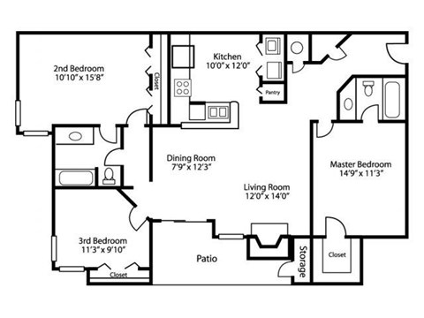 Floor plan for 3 beds, 2 baths, 1400 sqft