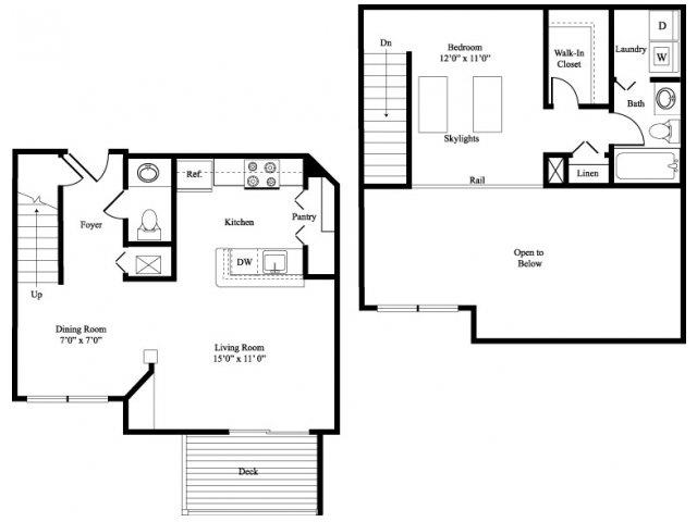 Floor plan for 1 bed, 1 bath, 769 sqft