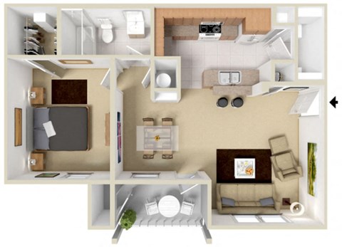 Floor plan for 1 bed, 1 bath, 723 sqft